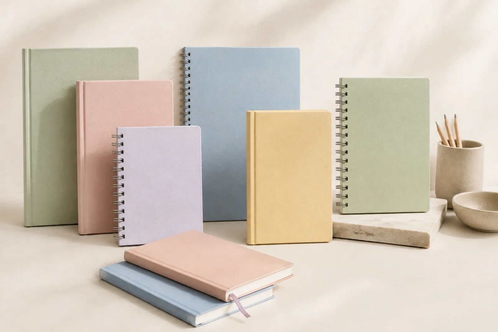Colección demo de cuadernos y agendas en tonos pastel